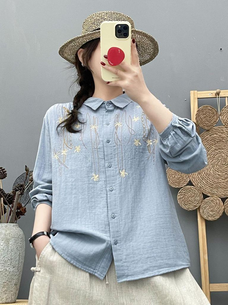 Women's Early Spring Cotton Gauze Embroidered Lapel Shirt - Long Sleeve, Loose Fit, Versatile