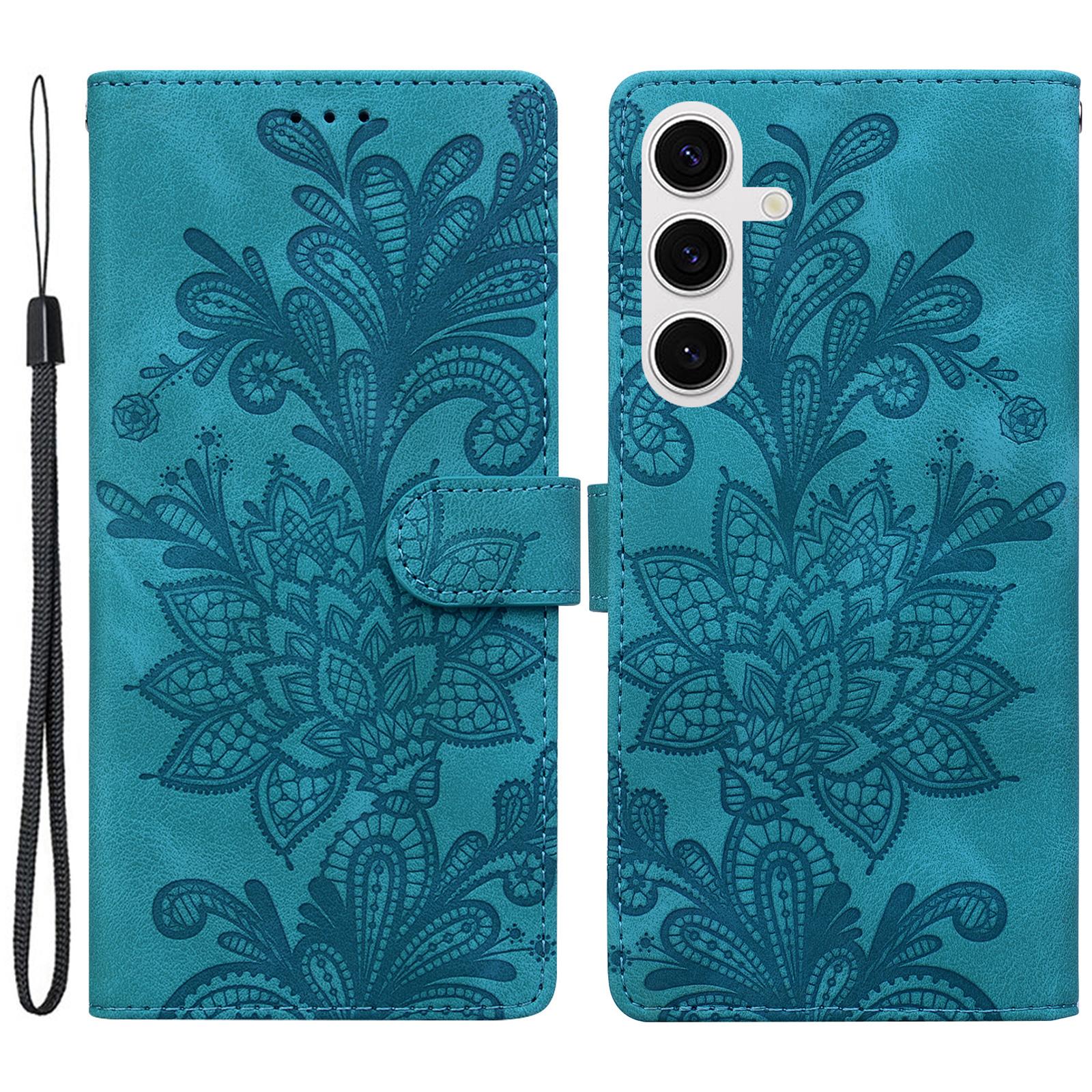 

For Samsung Galaxy S25+/S24+ Case Imprinted Lace Flowers PU Leather Wallet Phone Cover Green