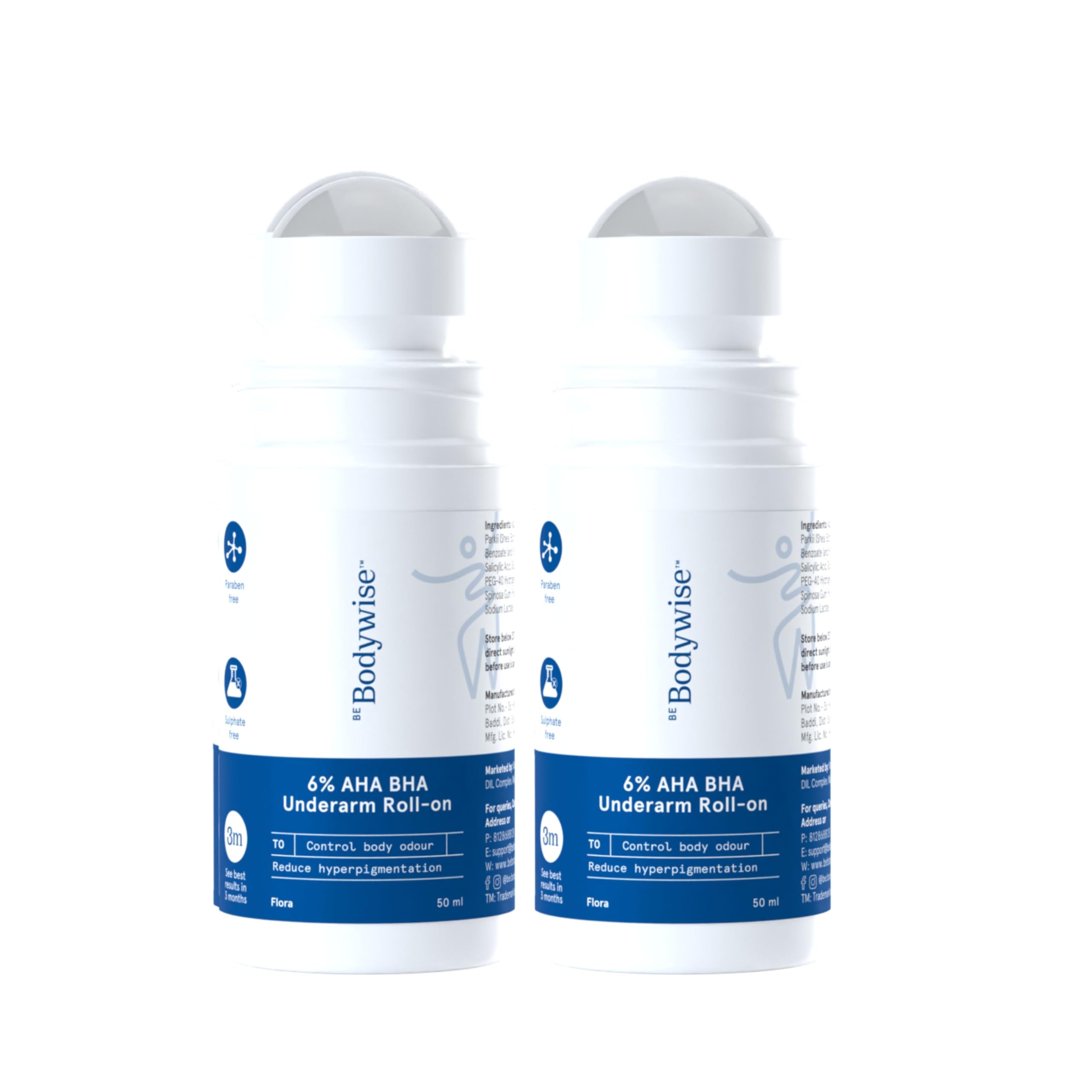 Be Bodywise 6% AHA BHA Underarm Roll-on Deodorant, Flora Fragrance,1% Mandelic,4% Lactic,1% Salicylic & Kojic Acid, Reduces Body Odor & Pigmentatio