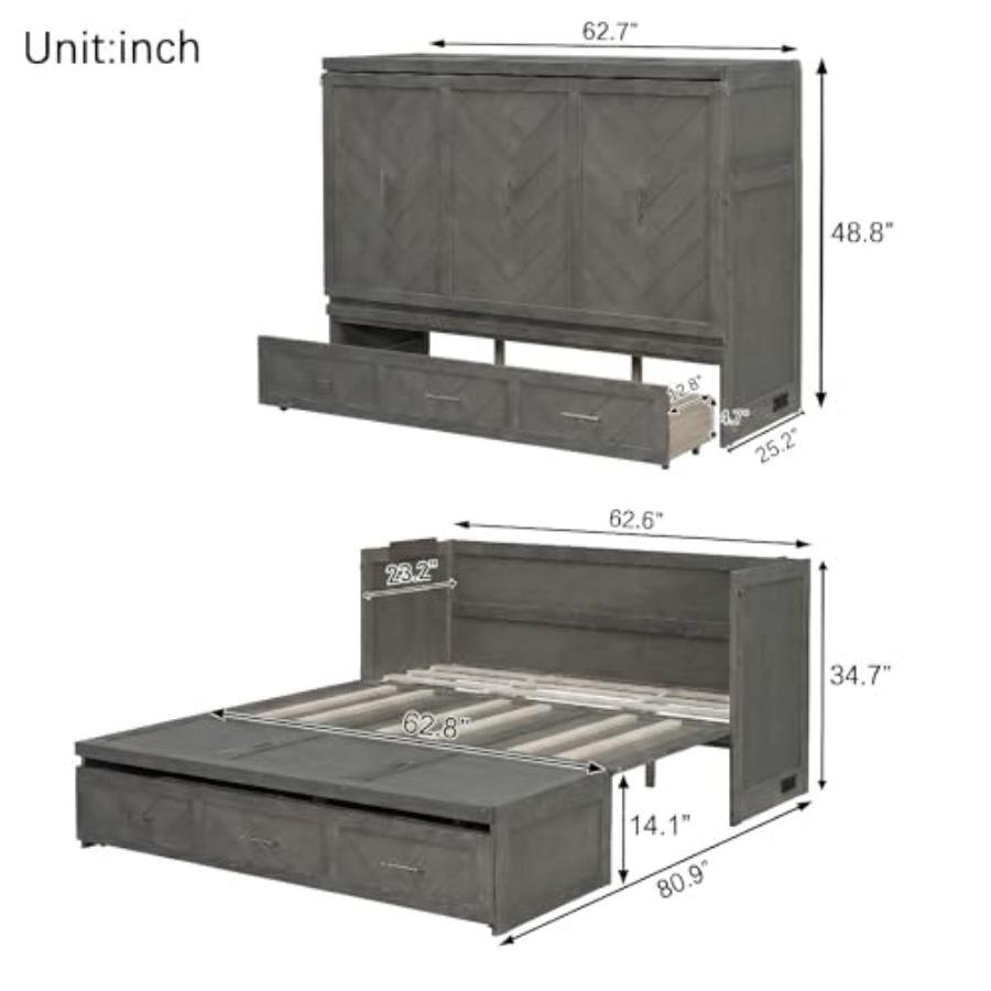 Queen Murphy Bed Cabinet Charging Station and Geometrical Panel, Pine Wood Hideaway Bed Frame Large 3-Compartment Drawer, 2-in-