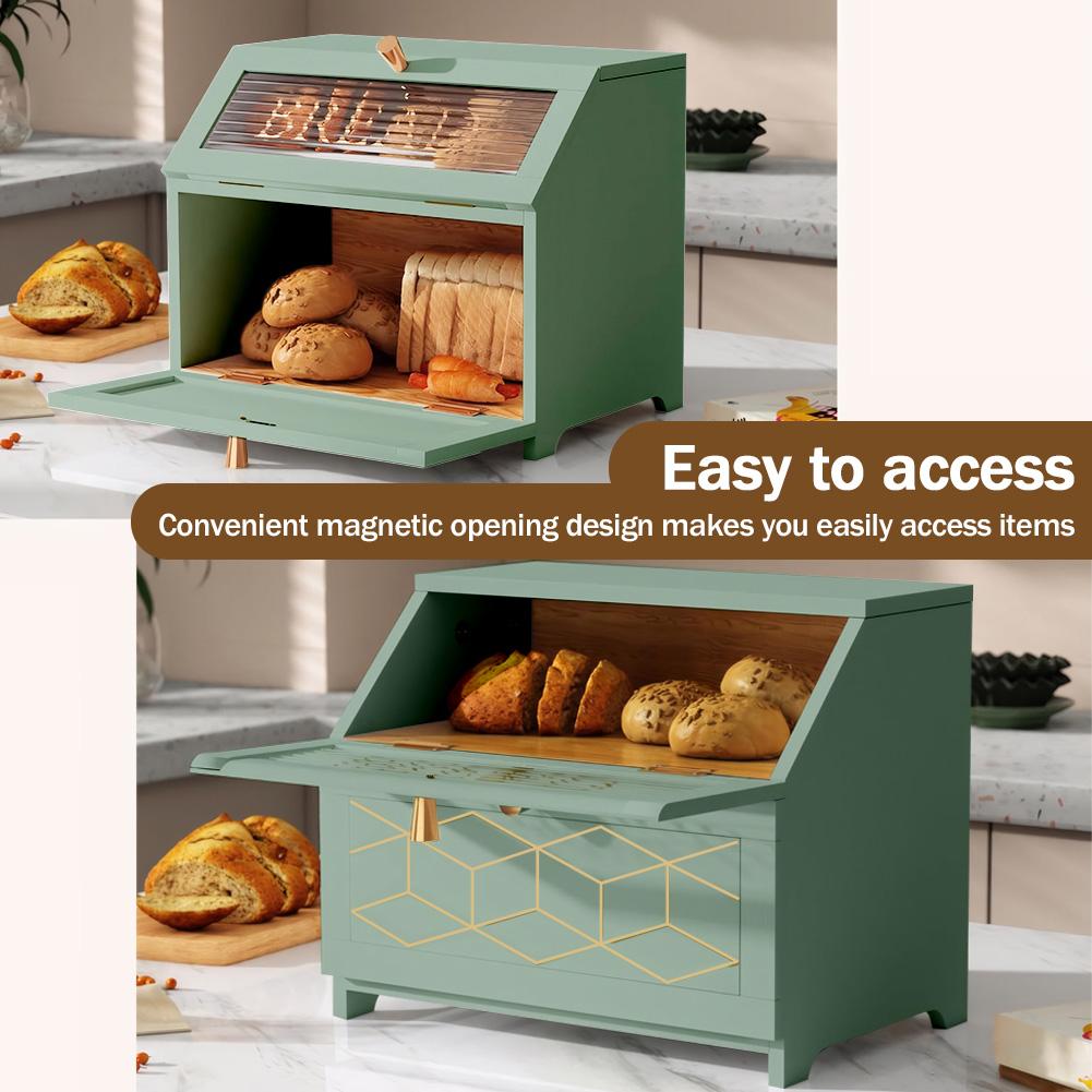 Wooden Bread Bin with Wavy Acrylic Glass Multi-Purpose Double-Layer Large Capacity Storage Container for Homemade Bread Toast