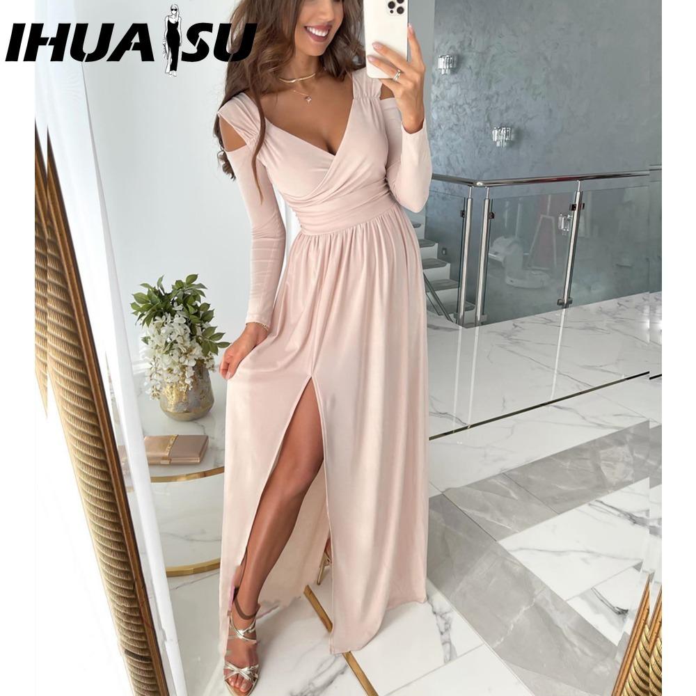 

IHUASU Макси-платье Однотонное Большой Подол Женское Элегантное С Неровной Талией Для Путешествий M розовый