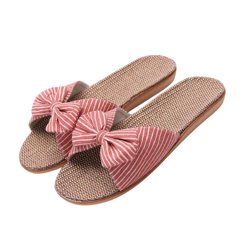 Four seasons slippers open-toed cotton linen mop Japanese eva women's home indoor summer linen slippers striped bow