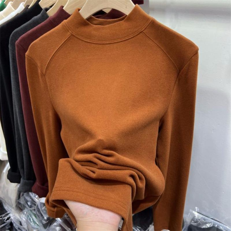 Solid Color German Fleece Polished Warm Semi-turtleneck Bottoming Shirt Women's Autumn and Winter Slim-fitting Fleece Long-sleeved T-shirt