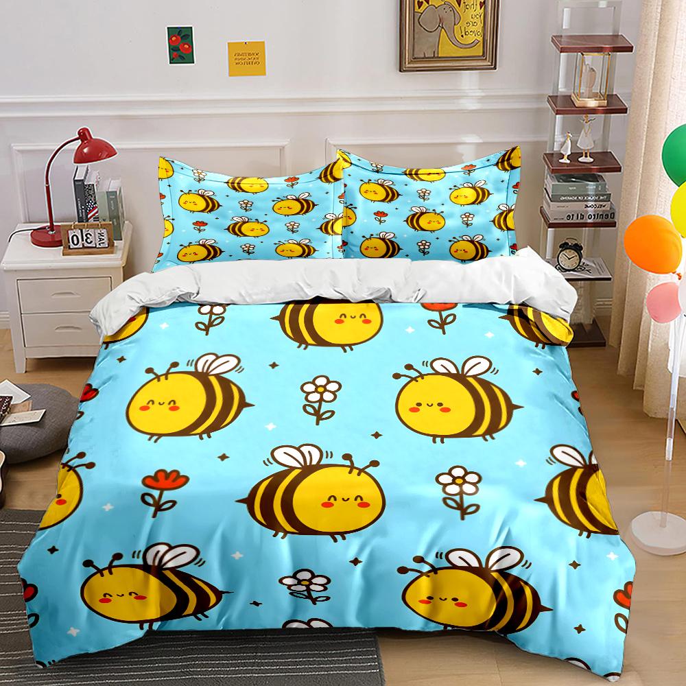 3Pcs Cute Bees And Flower Pattern Bedding Set 1 Duvet Cover 2 Pillowcases For Adult And Children Luxury Gift Full Size