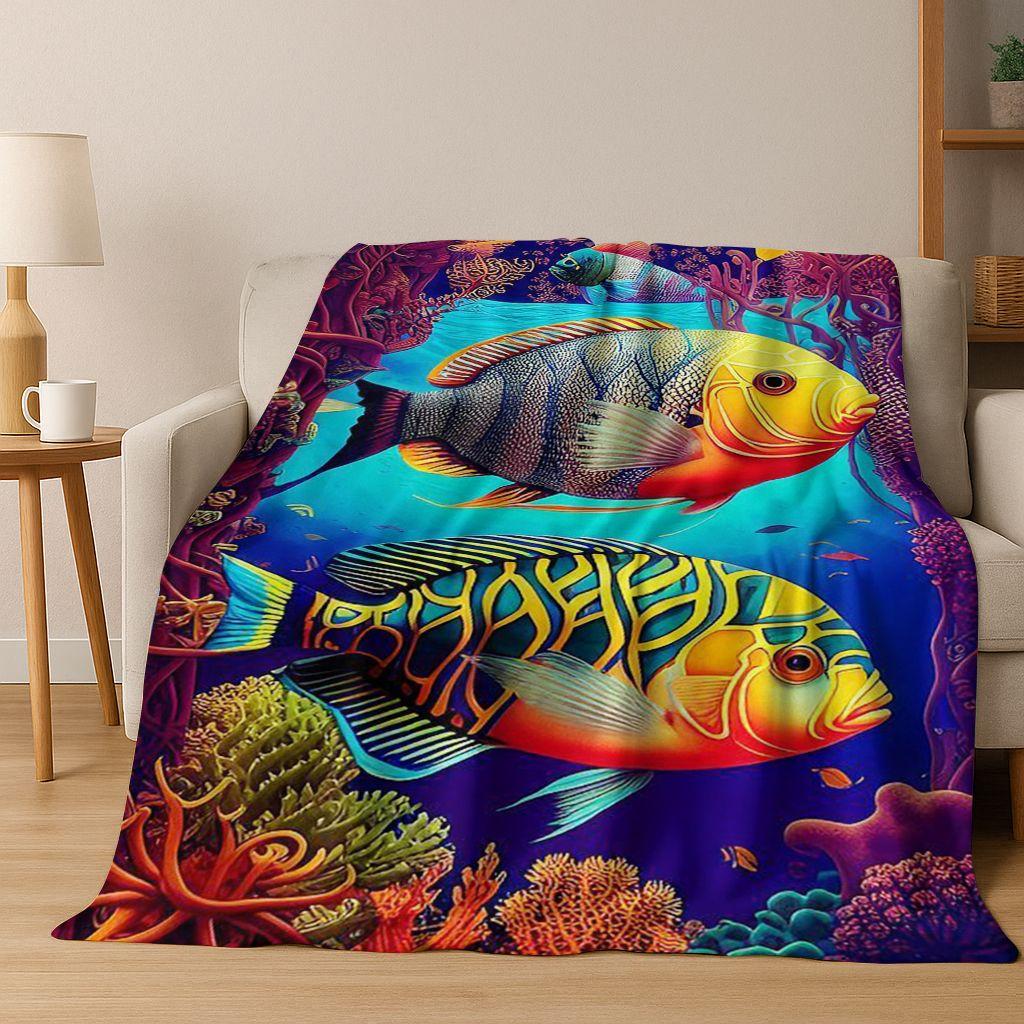 Dream Underwater World Sea Dolphin Turtle Coral Art Flannel Blanket,Cozy Soft Throw Blanket for Home Bedroom Bed Sofa Gift Kids