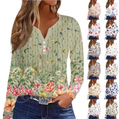 Women's Fashion Casual Printed V-Neck Long Sleeve Decorative Button T-Shirt Top