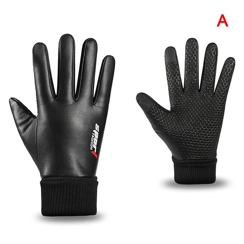 

Men PU Leather Gloves Cycling Winter Two-Finger Velvet Warm Non-Slip Male Waterproof Sports Touchscreen Hiking Fishing Gloves