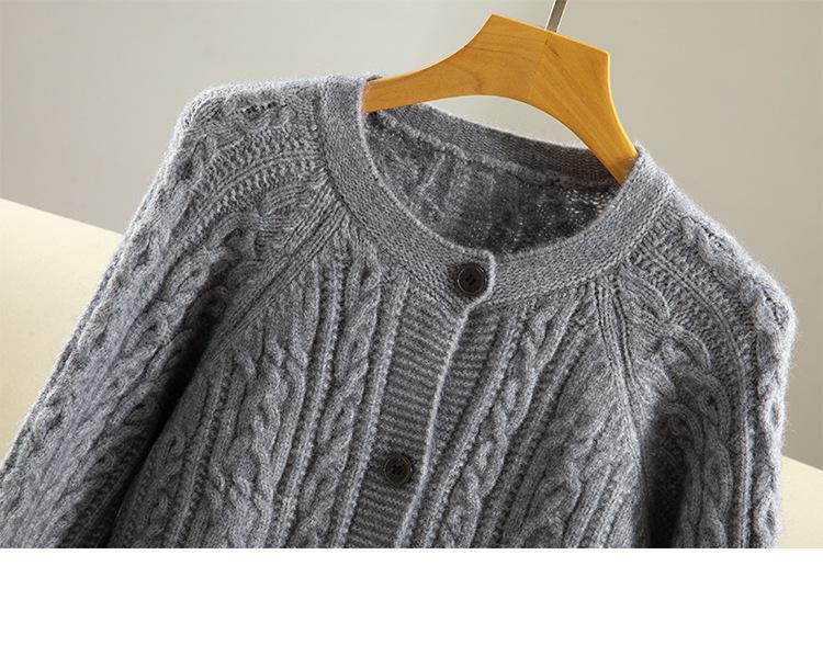 Korean Style Cable Knit Round Neck Cardigan: Single-Breasted, Loose, Warm Winter Sweater Coat