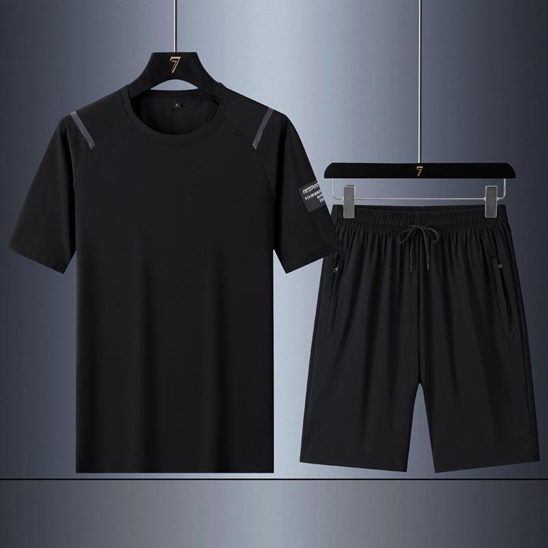 

Повседневная спортивная быстросохнущая двухпредметная одежда из ледяного шелка, летний мужской комплект для бега с коротким рукавом L чёрный