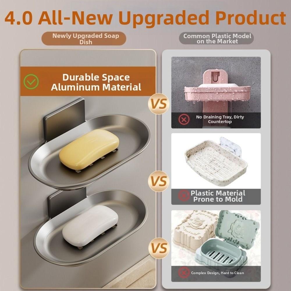 2Pcs Aluminum Wall-mounted Soap Dish Punch-Free Soap Storage Tray Soap Drain Box  Household