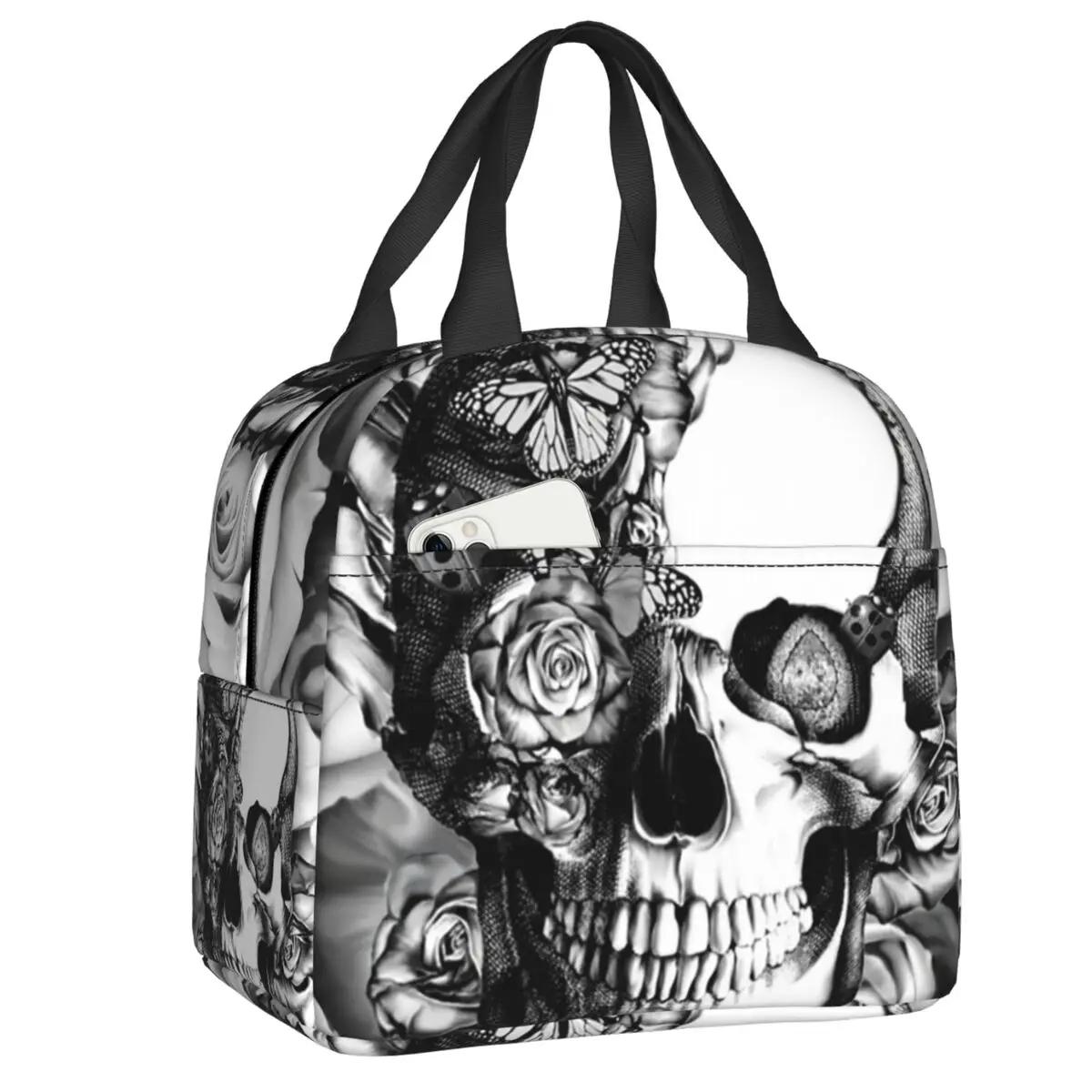 

Многофункциональный ланч-бокс с выцветшим викторианским кружевом и черепом из темно-синего цвета, мексиканский День мертвых, термохолодильник, пищевая изолированная сумка для обеда 22x20x13CM белый