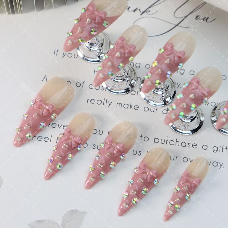 Handmade Press-On Nails Long Pointed French Style With Sweet Bow Rhinestone Decor Women
