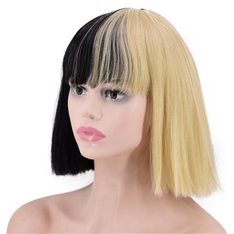Sia Cosplay Wig Alive Bangs Trim to Eyes Half Black and Blonde Medium Heat Resistant Hair Wigs + Wig Cap