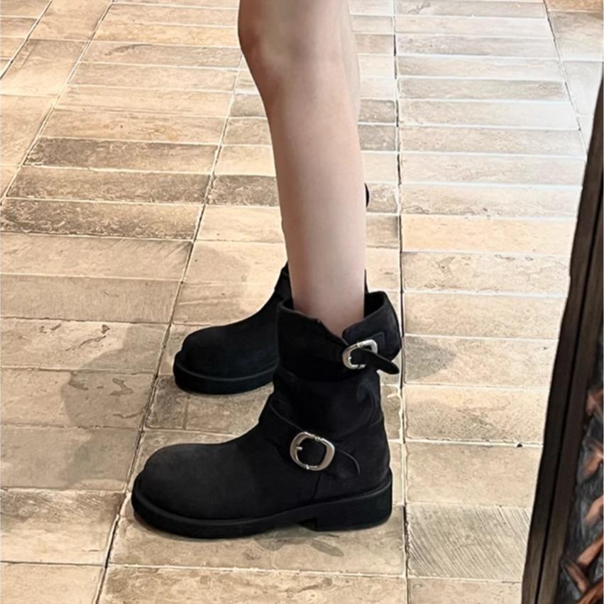 Leather Grape Mother Same Retro Martin Boots Women's Metal Buckle Thick Heel Platform Locomotive Boots Western Pile Short Boots