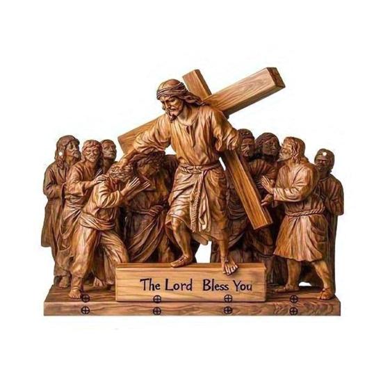 Dřevěný křesťanský držák na klíče 2D plochý Ježíš přijímání umění klíčenka stojan se 4 háčky náboženský nástěnný stojan na klíče pro vstupní halu domácí dekorace