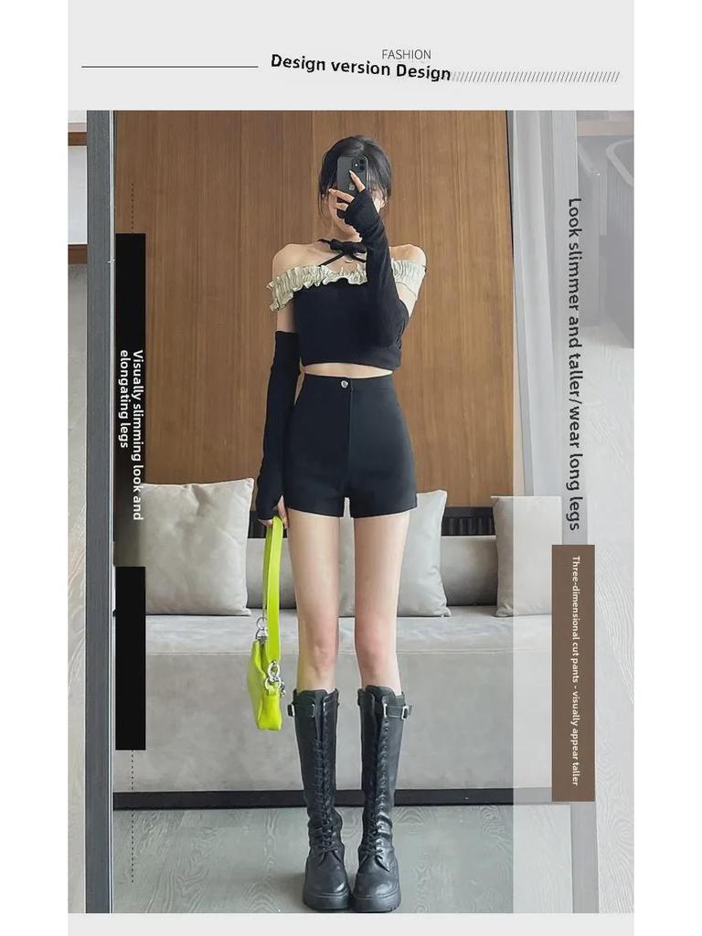 2023 Winter Velvet High Waist Black Slim Shorts - Women's Trendy All-Match Boots Outerwear.