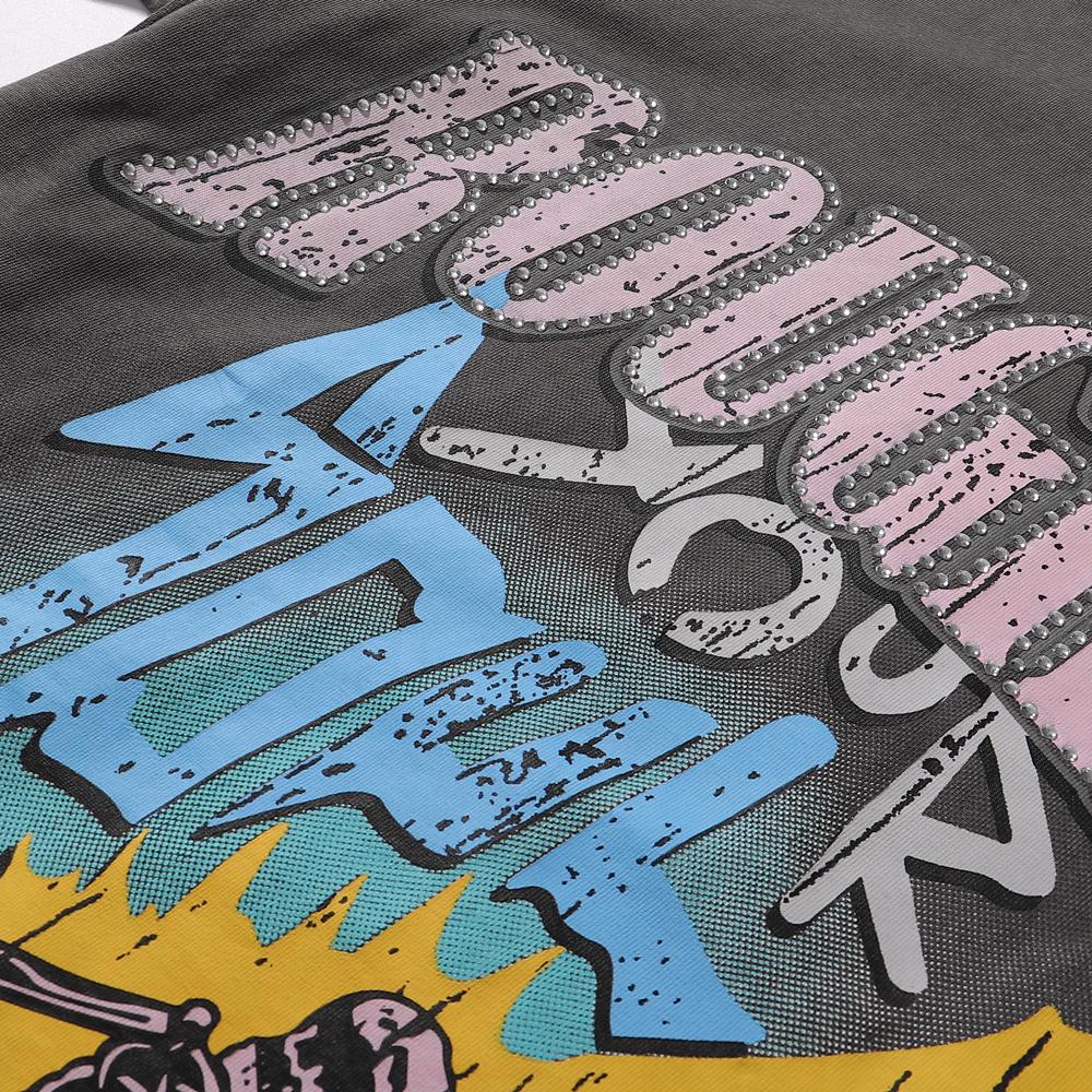 Luminous Skull Print Hot Stamping, Water Washing, Hole Breaking, Making Old Short Sleeved T-shirt for Men and Women