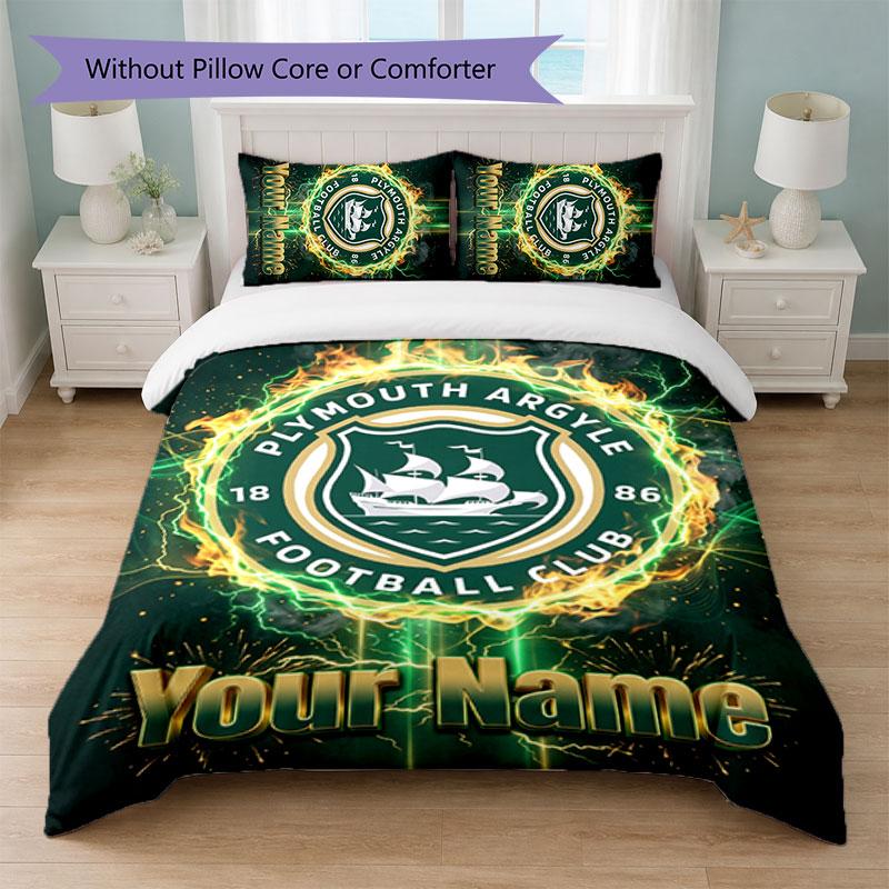 Plymouth Argyle FC Custom Name Text Bedding Set 1 Duvet Cover+2 Pillowcases Soccer Logo Personalized Gift For Special Occasion Bedroom Decor