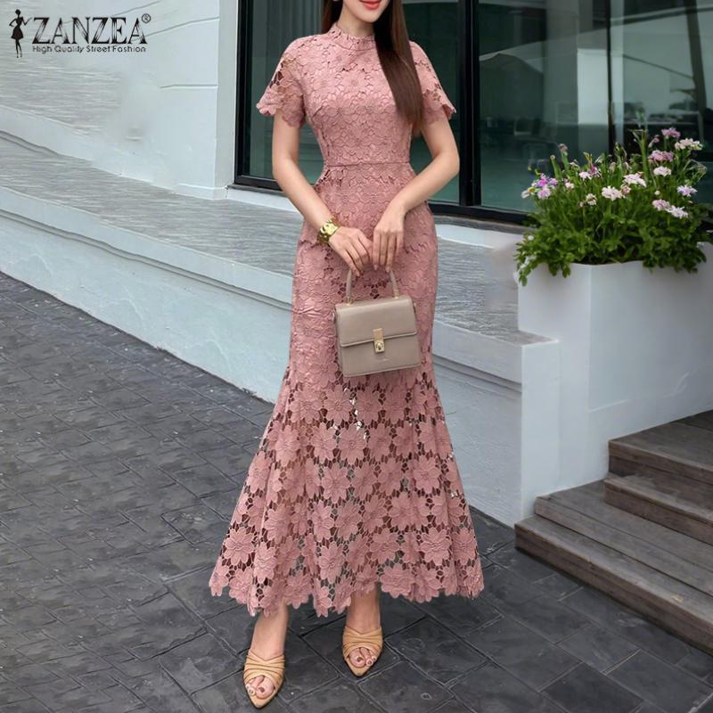 ZANZEA Women Summer Round Neck Short Sleeve Elegant Lace Fishtail Dress