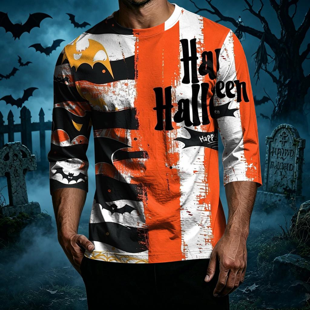 Men's Casual Halloween Printed Crew Neck T Shirt Three Quarter Sleeve Top Suitable for Seasonal Wear and Everyday Use