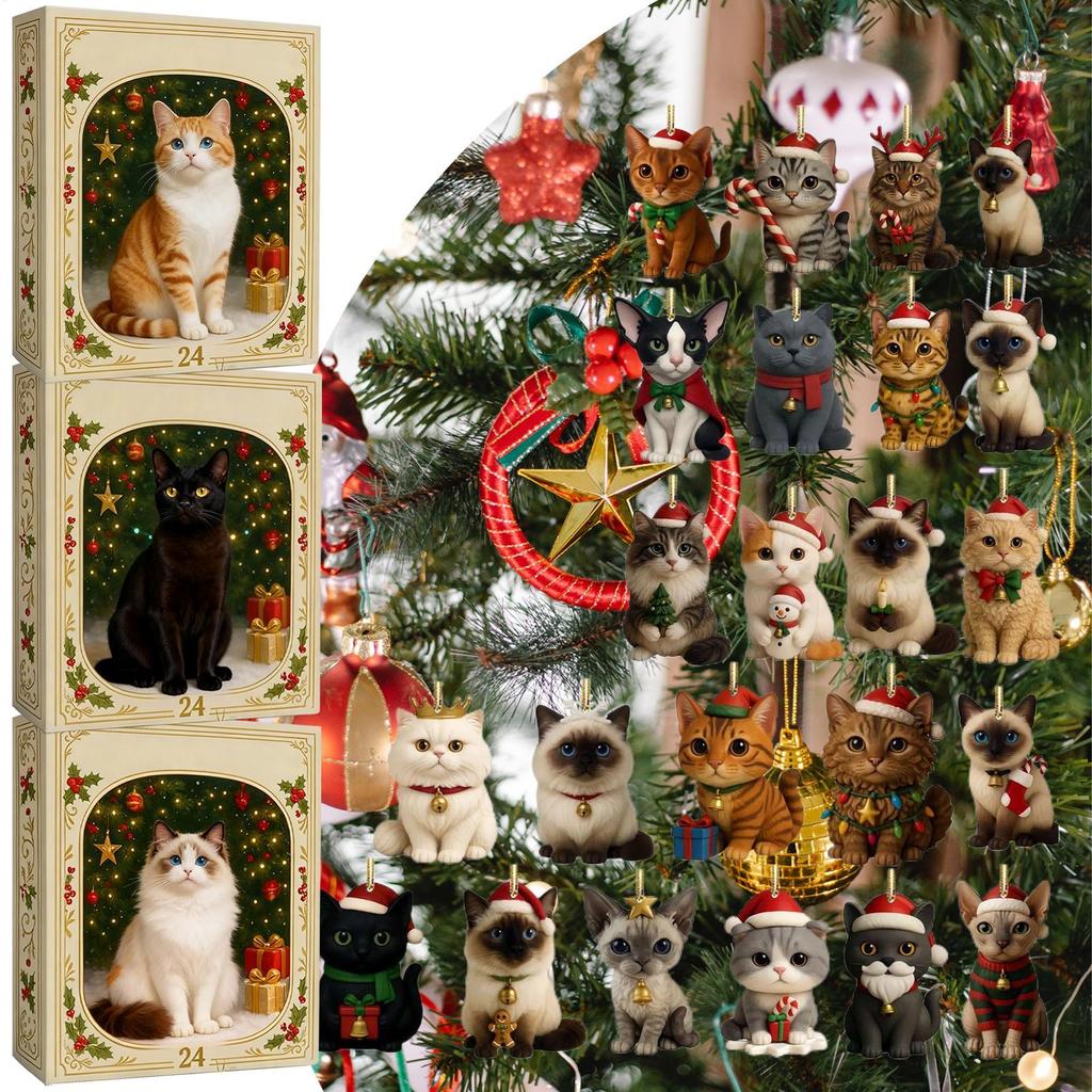 2025 Christmas Advent Calendar 24 Days Cat Pendants 2D Acrylic Hanging Ornaments for Cat Lovers Home Christmas Tree Decorations