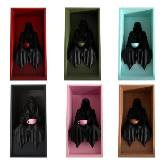 Sitting Grim Reaper Statue Spooky Bookshelf Decoration Gothic Black-Robed Man