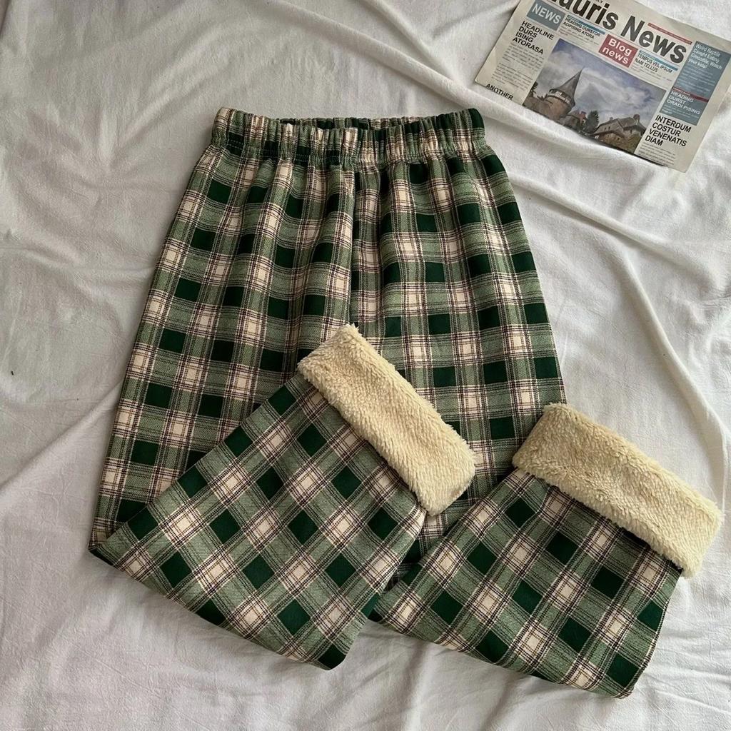 Winter Thick Plaid Pants Women Korean Fashion Warm Loose Wide Leg Trousers Student Y2K Causal High Waist Pants Outwear