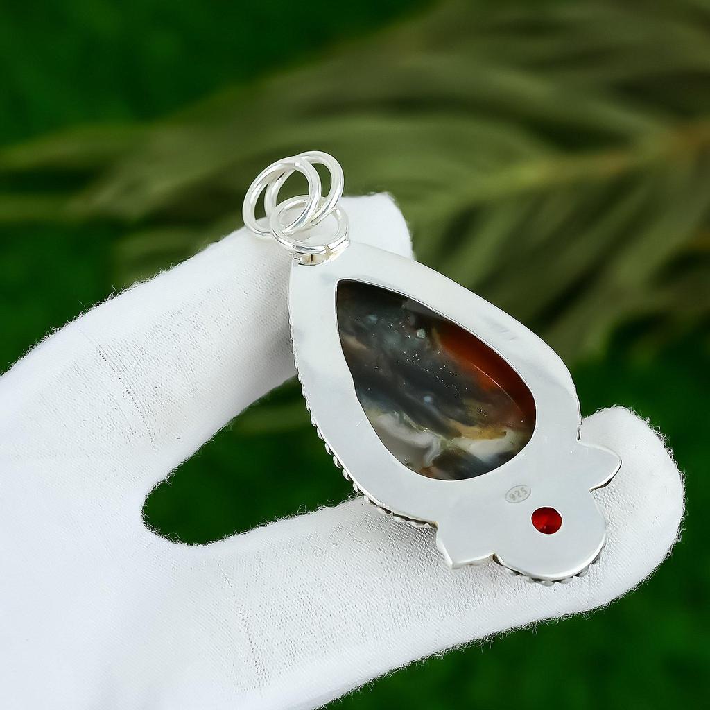 925 Sterling Silver Pear Ocean Jasper Stone Mozambique Garnet Bezel Wife Pendant