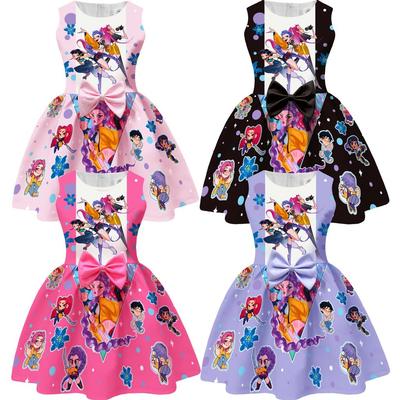 Çocuk Kız Anime Çizgi Film KPop Süper Star Şarkıcı Baskılı Kolsuz Fiyonklu Günlük Parti Prenses Elbisesi Cadılar Bayramı Cosplay Kostümleri