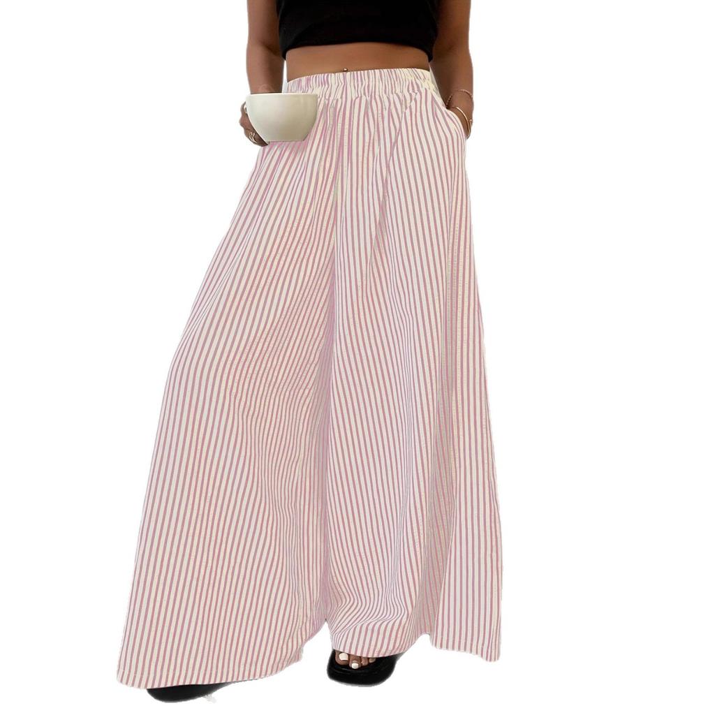 Plus Size Women Casual Flowy Loose Fit Wide Leg Long Pants Ladies Fashion Elastic High Waist Stripes Print Pants Streetwear