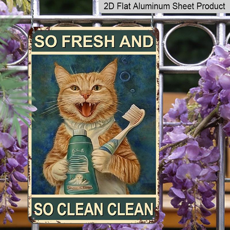 2D Flat, 1pc Funny Orange Tabby Cat Bathroom Aluminum Wall Decor Sign - Vintage "So Fresh & So Clean" Metal Plaque with Ginger Cat & Toothbrush