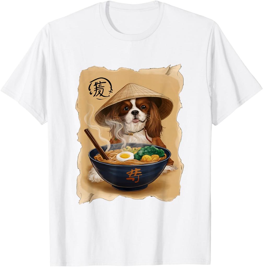 Cavalier King Charles Spaniel Eating Ramen Graphic T-Shirt Cool Asian Style Print Men's Casual Tee