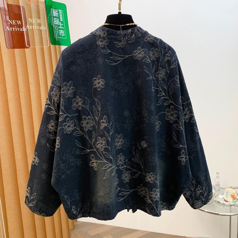 DIMANAF 2026 Herbst Winter Große Größen Damen Jeansjacken Mantel Kurz Lässig Print Floral Locker Knöpfe Blau Vintage Oberbekleidung