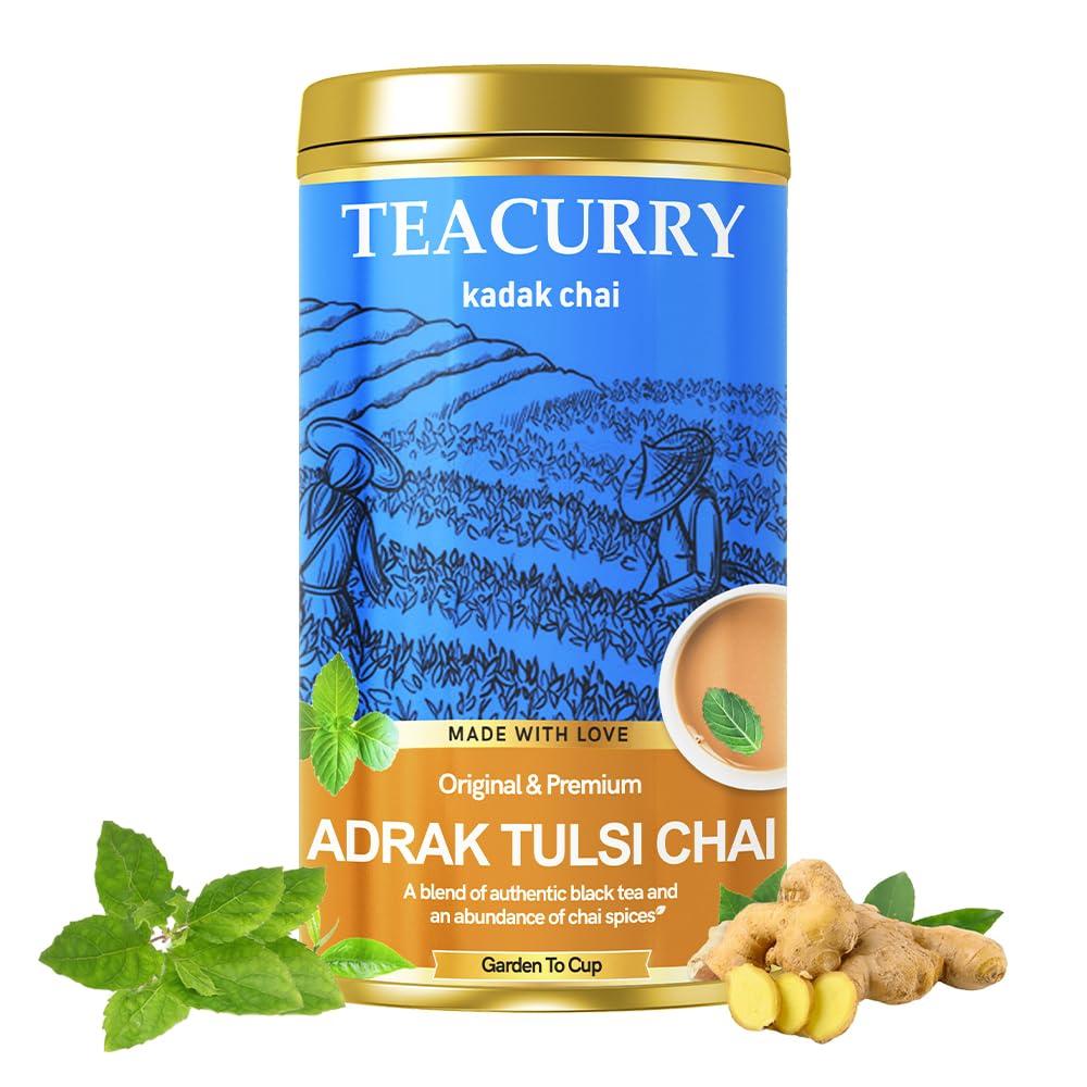 TEACURRY Adrak Tulsi Chai (100 Grams, 50 Cups) - Ginger TulsiTea for Digestion and Immunity - 100% Natural Ingredients
