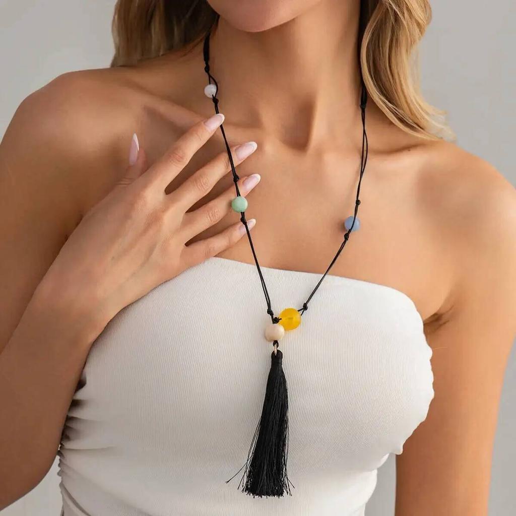 SHIXIN Boho Colorful Resin Bead Tassel Pendant Necklace Woman Retro Adjustable Long Leather Wax Chain Irregular Jewelry Accessor