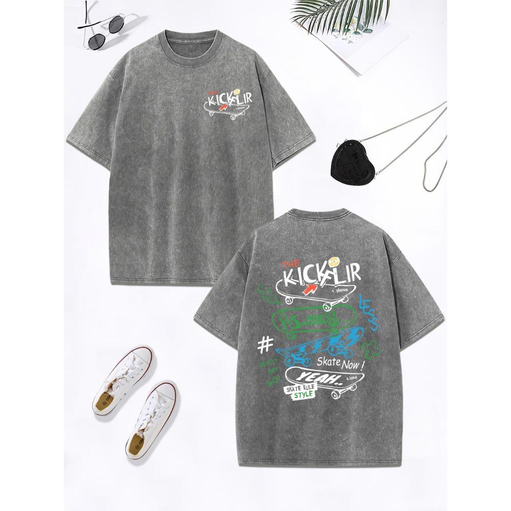 Kick Flir Skateboard Prints Washed T-Shirts Women Cotton Oversized Tops Comfortable O-Neck Distressed T Shirt Clothes