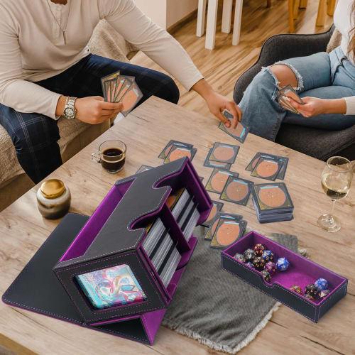 AWESOPAL Deck Case with Two Display Windows and a Large Dice Tray, Holds 200 Double-Sleeved Cards, and Features Four Compartments (Black & Purple)