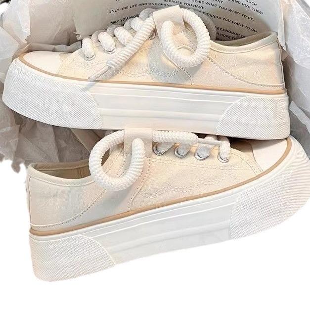 Leinenschuhe mit dicker Sohle und zwei Tragevarianten, Herbstneuheit, Nische, hässlich-niedlich, mit großem Kopf, Leinenschuhe, Studenten-Halbschuhe, weiße Schuhe, Freizeitschuhe