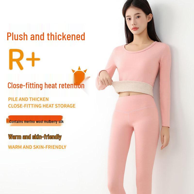 FENTENGCARE Women's Thickened Slim-Fit Thermal Underwear Set with Wool & Silk
