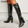 Fashion Eilyken Black Serpentine Fashion Women Knee High Boots Sexy Pointed Toe Square Heels Ladies Long Boot Zipper Female Shoes