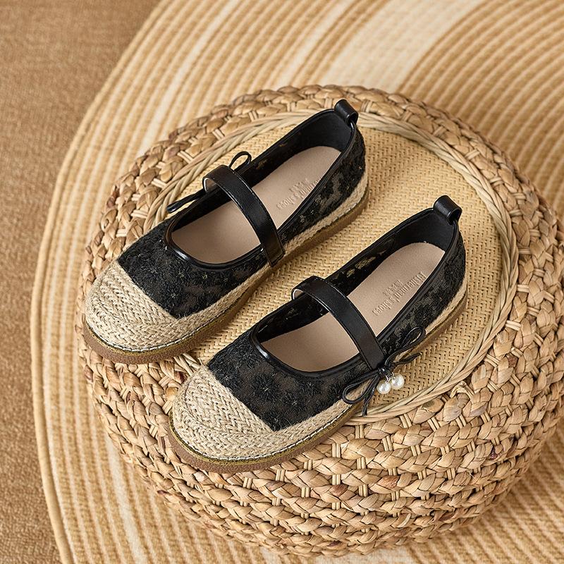 Fashion Elegant Women's Air Mesh Espadrilles Belt Strap Lace Mary Janes Ladies Breathable Lace Fisherman Shoes Embroidery Flats Loafers
