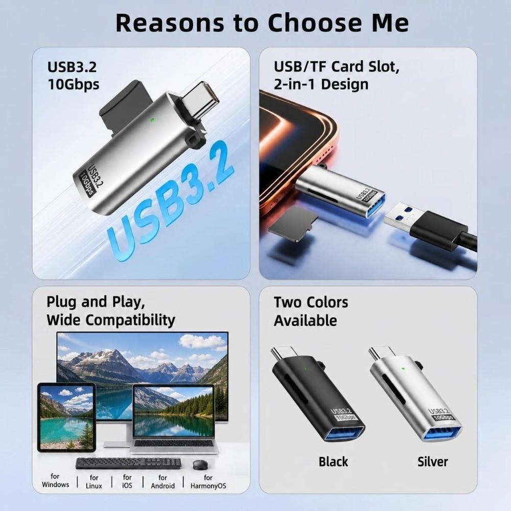 10Gbps Type-C Card Reader USB 3.2 USB Card Reader Practical TF Card Reader Video Viewing