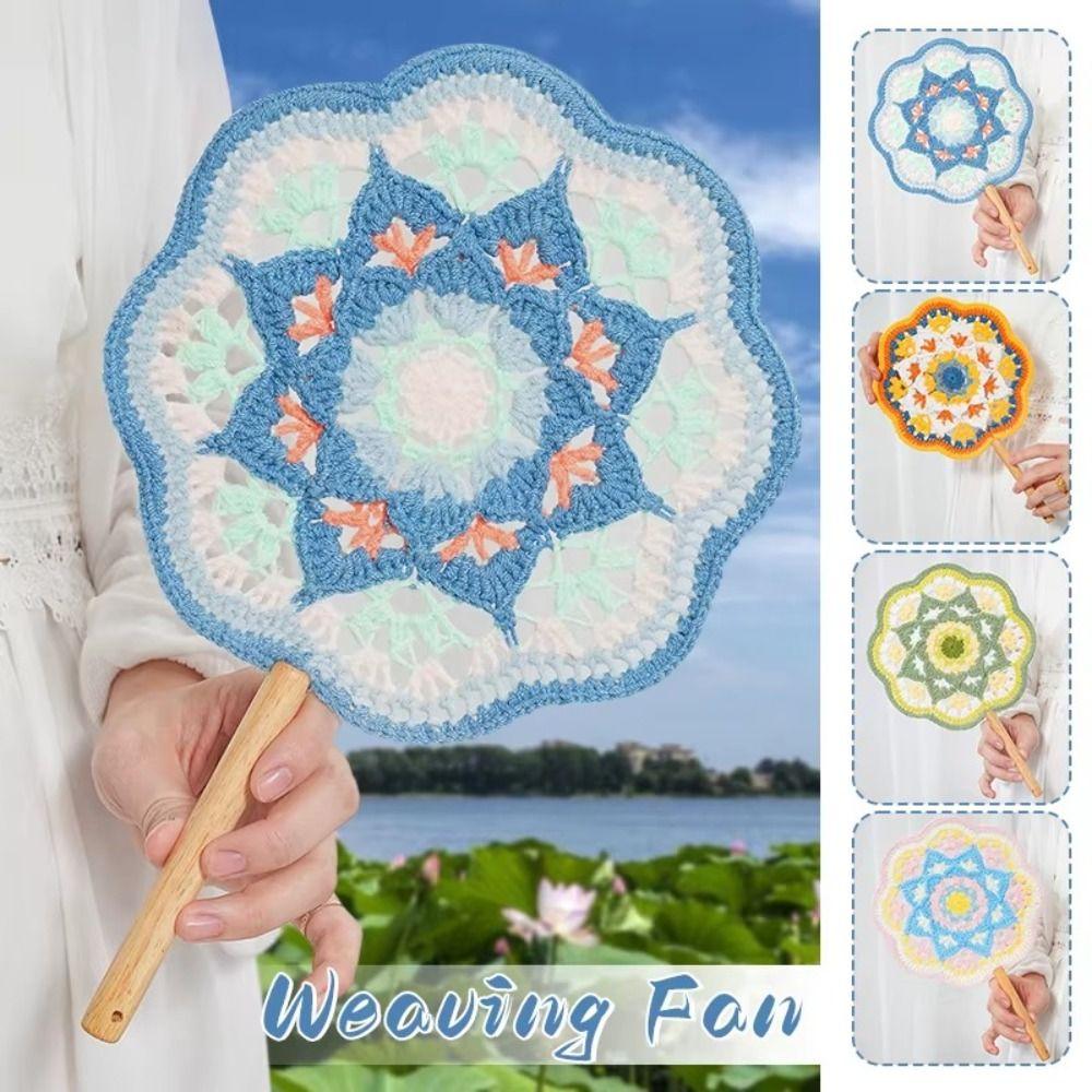 Yarn Hand Cranked Fan Handmade Decorative Craft Fan Crocheted Antique Style Fan  Women