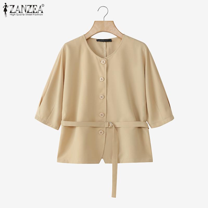 ZANZEA Bluză casual de vară pentru femei, cu gât rotund, mâneci scurte largi