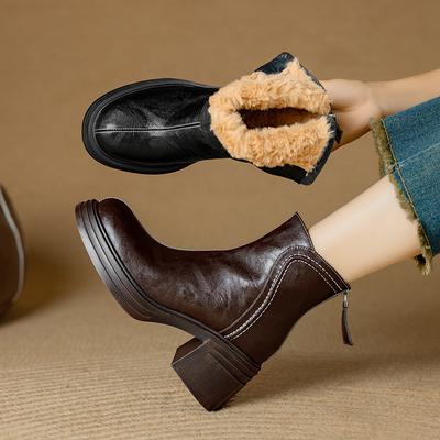 Fashion 2024 New Winter Women Boots Round Toe Chunky Heel Split Leather Shoes for Women Zip Ankle Boots Warm Snow Boots Platform Shoes