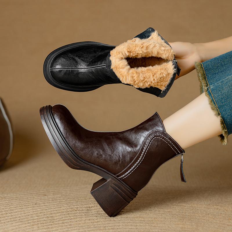Fashion 2024 New Winter Women Boots Round Toe Chunky Heel Split Leather Shoes for Women Zip Ankle Boots Warm Snow Boots Platform Shoes
