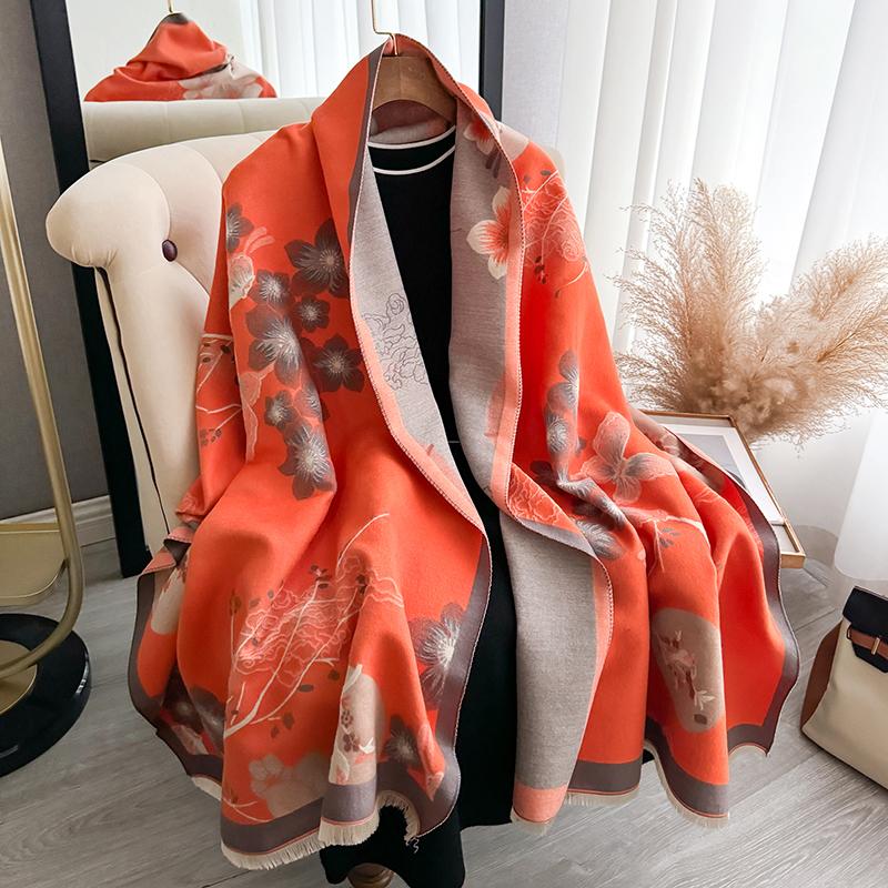 

Autumn and Winter Thickened Designer Women s Scarf Luxury Flower Double-Sided Faux Cashmere Scarf Warm Shawl New