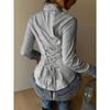 Blouses & Shirts - Spring Autumn Women's Vertical Striped French Long Sleeve Shirt, Design Sense Slim Waist Fitted Blouse Women, Crossborder Top