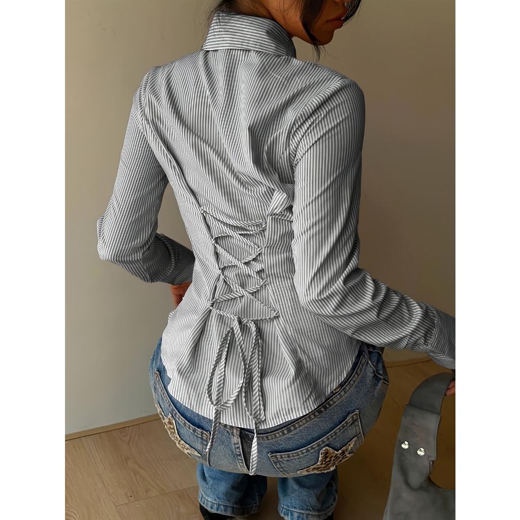 Blouses & Shirts - Spring Autumn Women's Vertical Striped French Long Sleeve Shirt, Design Sense Slim Waist Fitted Blouse Women, Crossborder Top